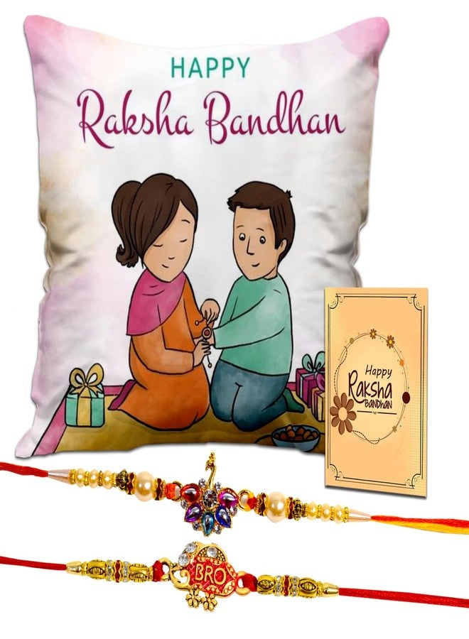 Avirons Rakhi Combo Set with Printed Cushion with Cover, Two Designer Rakhi for Brother/Bhai & Rakhi Wishing Card | Raksha Bandhan Gift for Bhaiya - Pack of 3 - Image 1