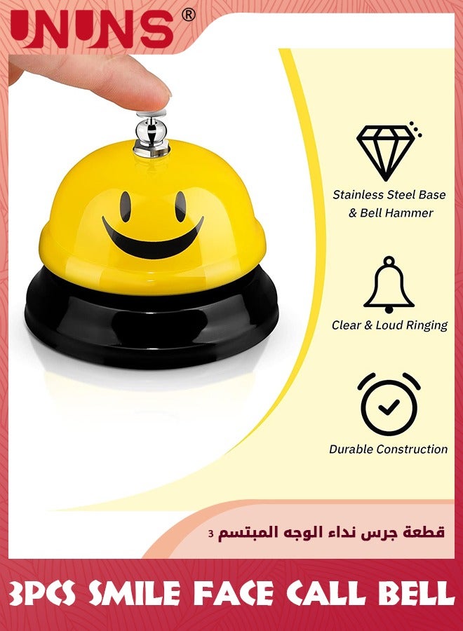 UNUNS 3 Pieces Desk Bell For Service,Smile Face Call Bell,8.5cm Desk Bell With Metal Anti-Rust Construction,Front Desk Bell For Office Schools Hotel Restaurant,Service Bell Dinner Desk Bell,Yellow - Image 2
