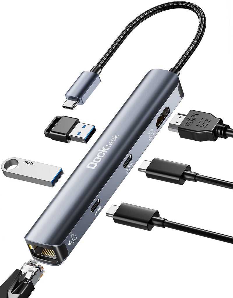Dockteck USB C Hub Ethernet6 in 1 Laptop Docking Station Dockteck USB C Multiport Adapter with 4K60Hz HDMI 100W PD 1Gbps LAN 2 USB 30 for MacBook ProAir Surface Pro XPS and More - Image 2