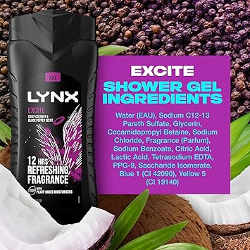 lynx 3 Pack of 225ml Lynx 12 Hour Refreshing Excite Crisp Coconut and Black Pepper Body wash for Feeling Clean and Fresh with Plantbased Moisturisers Keep Smelling Irresistible - Image 5