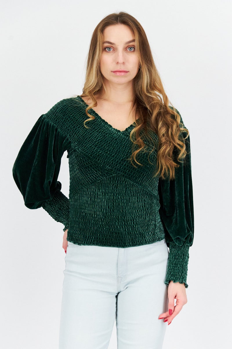 STEVE MADDEN BB Dakota by Steve Madden Women Surplice Nevk Long Sleeve Velvet Blouse, Forest Green - Image 1