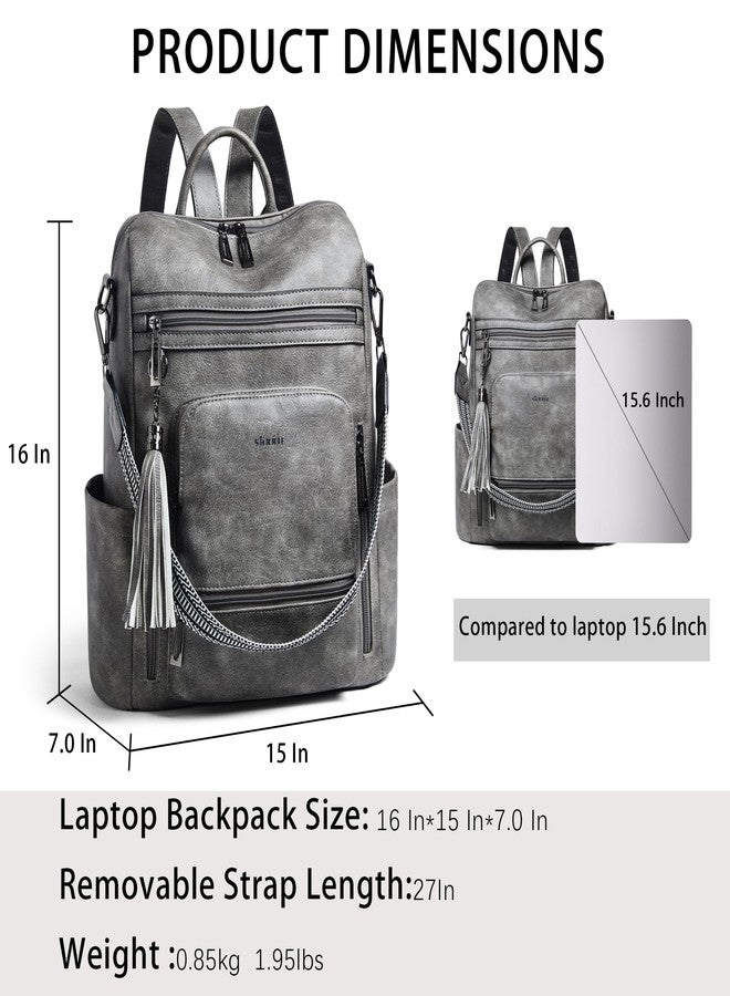 Shrrie Vegan Leather Laptop Backpack for Women 15.6 inch Work Backpack Fashion Travel Backpack Purse for Business College, 1 Two-toned Deep Gray, 15 x 7 x 16 inches - Image 3