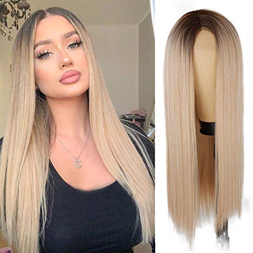 Xinran Straight Blonde Ombre Wigs for Women Long Straight Blonde Wig Small Area Lace Front Synthetic Ombre Blonde Wig 30 Inch for Cosplay Daily Party