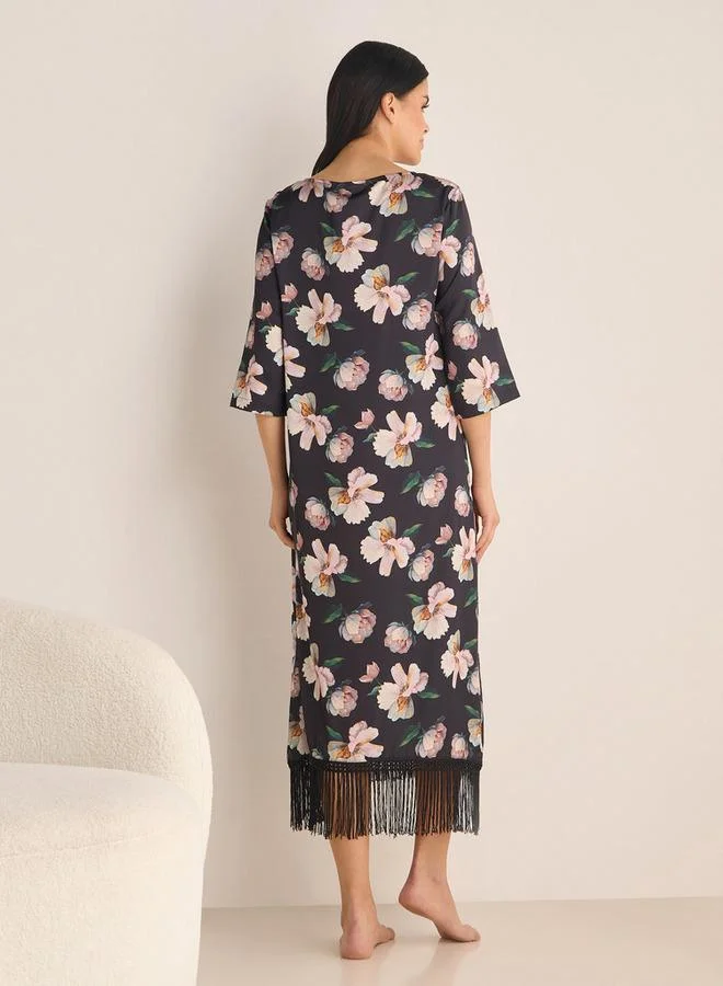 Splash FAV Floral Print Night Gown with 3/4 Sleeves and Fringe Detail