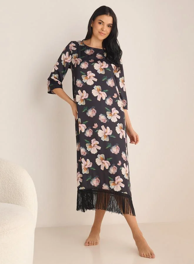 Splash FAV Floral Print Night Gown with 3/4 Sleeves and Fringe Detail