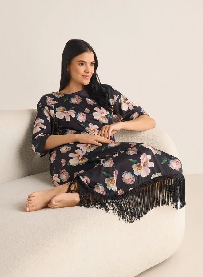 Splash FAV Floral Print Night Gown with 3/4 Sleeves and Fringe Detail