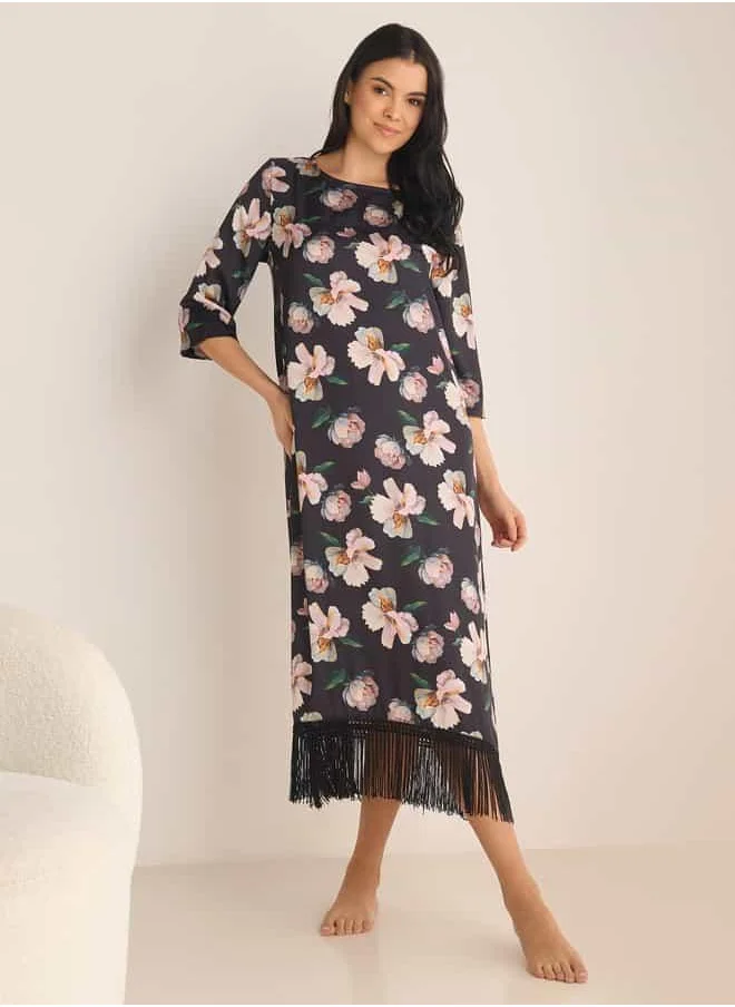 فاف Floral Print Night Gown with 3/4 Sleeves and Fringe Detail