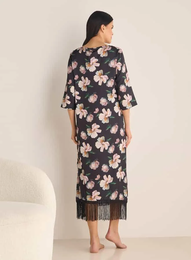 Splash FAV Floral Print Night Gown with 3/4 Sleeves and Fringe Detail