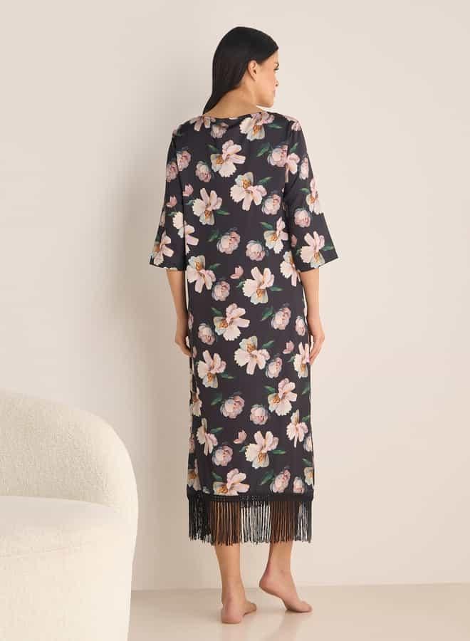 سبلاش فيڤ قميص نوم مطبوع بالزهور بأكمام 3/4 وتفاصيل شراشيب - Image 4