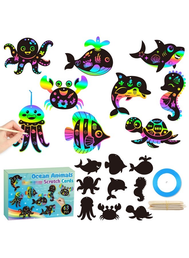 CY2SIDE Ocean Animals Scratch Cards - 63Pcs Diy Under The Sea Magic Art Rainbow Color Craft Scratch Kit For Kids Dolphin Tortoise Scratch Card Art Kit For Kids Birthday Party Favors School Activity - Image 1