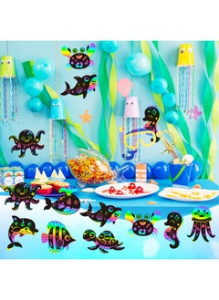 CY2SIDE Ocean Animals Scratch Cards - 63Pcs Diy Under The Sea Magic Art Rainbow Color Craft Scratch Kit For Kids Dolphin Tortoise Scratch Card Art Kit For Kids Birthday Party Favors School Activity  - Image 4