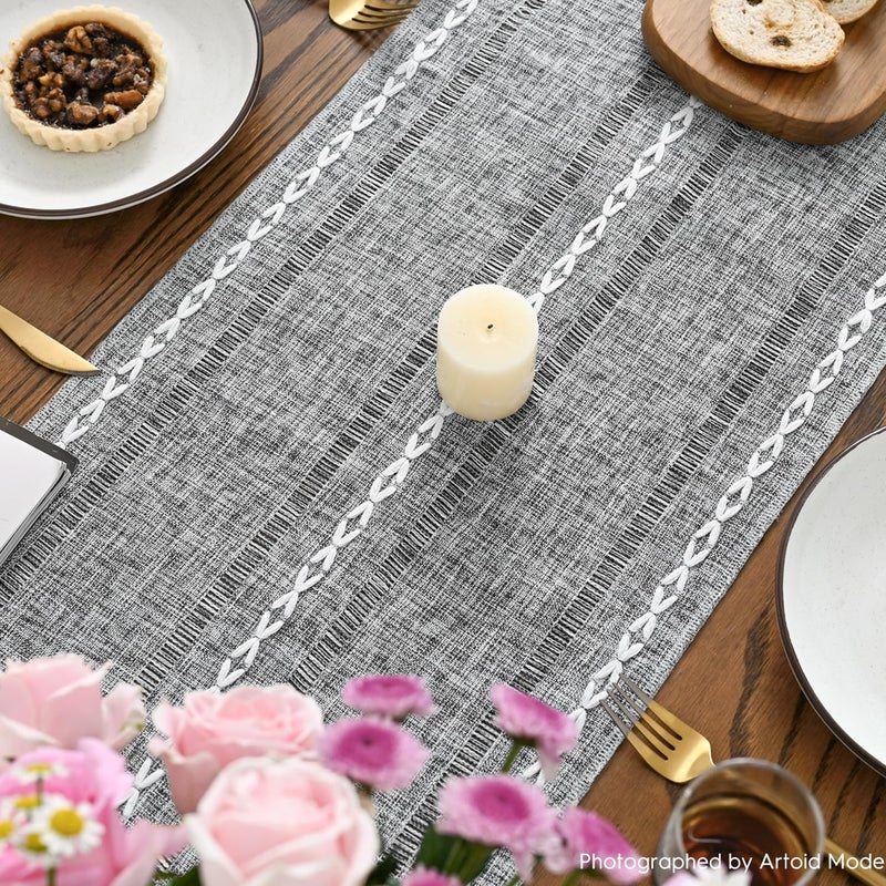 Artoid Mode Dark Grey Rustic Cotton Linen Table Runner, Seasonal Embroidered Hollow Kitchen Dining Table Decoration for Home Party Decor 13x72 Inch - Image 4