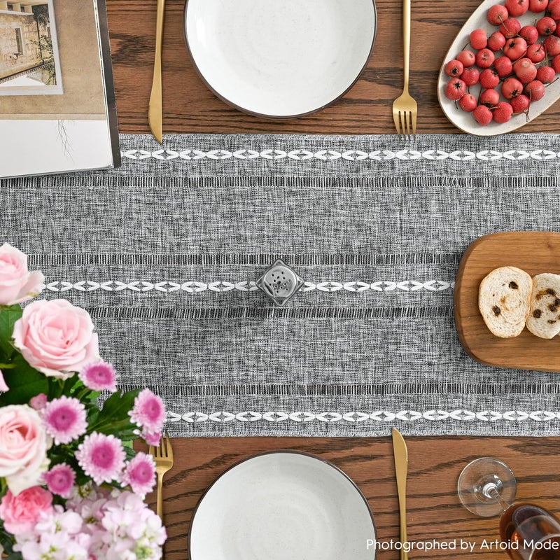 Artoid Mode Dark Grey Rustic Cotton Linen Table Runner, Seasonal Embroidered Hollow Kitchen Dining Table Decoration for Home Party Decor 13x72 Inch - Image 3