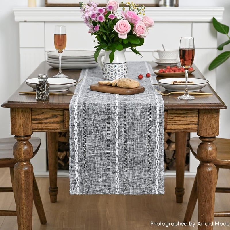 Artoid Mode Dark Grey Rustic Cotton Linen Table Runner, Seasonal Embroidered Hollow Kitchen Dining Table Decoration for Home Party Decor 13x72 Inch - Image 2