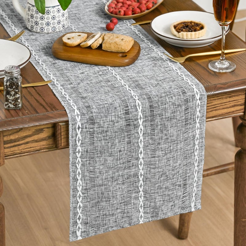 Artoid Mode Dark Grey Rustic Cotton Linen Table Runner, Seasonal Embroidered Hollow Kitchen Dining Table Decoration for Home Party Decor 13x72 Inch - Image 1