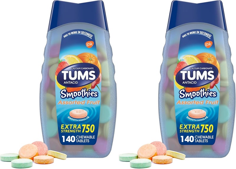 TUMS أقراص تومس سموذيز مضغ إضافية القوة لمكافحة الحموضة بنكهة الفواكه المتنوعة 140 حبة عبوة من 2 - Image 1