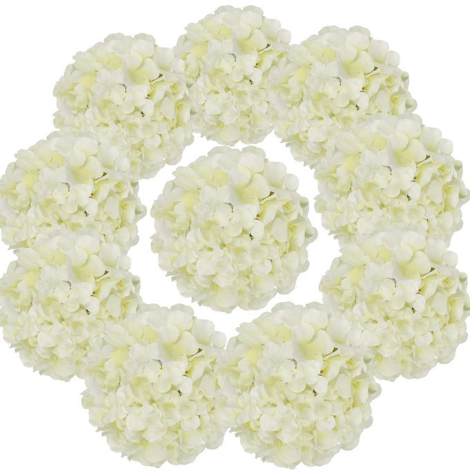 SILK HYDRANGEA HEADS ARTIFICIAL FLOWERS HEADS WITH STEMS FOR HOME WEDDING DECORPACK OF 10 IVORY