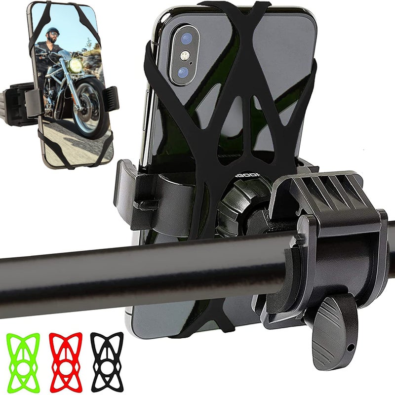 Mongoora Bike & Motorcycle Phone Mount - GPS Cell Phone Holder for Bicycle Handlebar - Easy to Install Bike Accessories Fits iPhone, Galaxy, Android - Stocking Stuffers - 3 Bands (Black, Red, Green) - Image 1