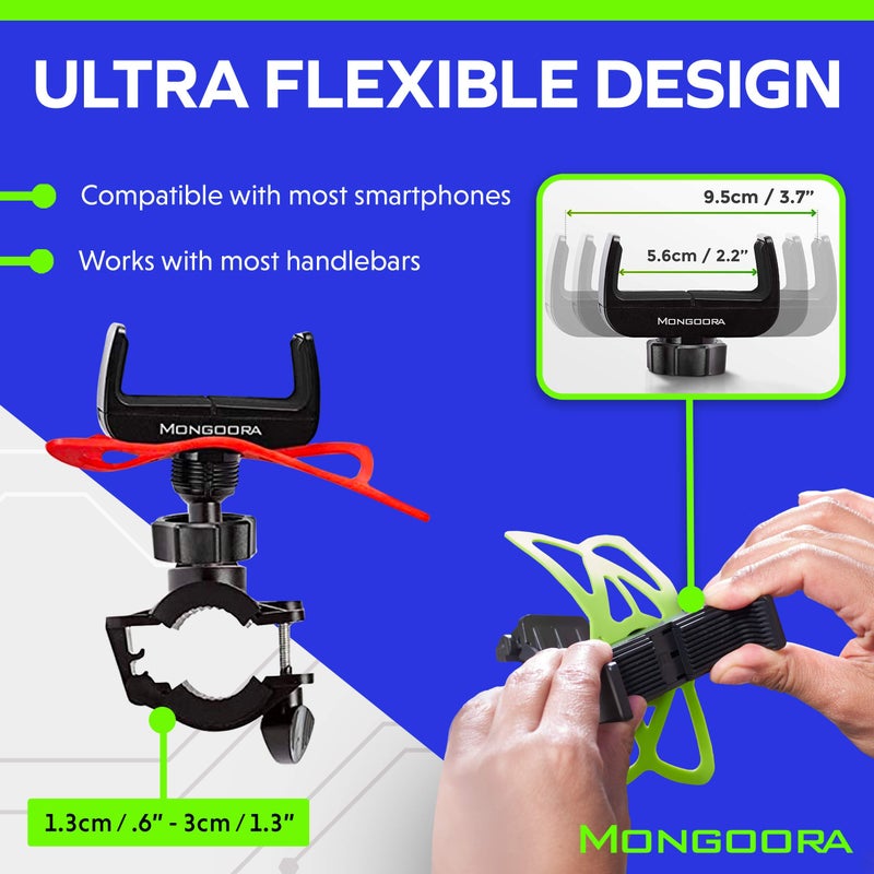 Mongoora Bike & Motorcycle Phone Mount - GPS Cell Phone Holder for Bicycle Handlebar - Easy to Install Bike Accessories Fits iPhone, Galaxy, Android - Stocking Stuffers - 3 Bands (Black, Red, Green) - Image 3