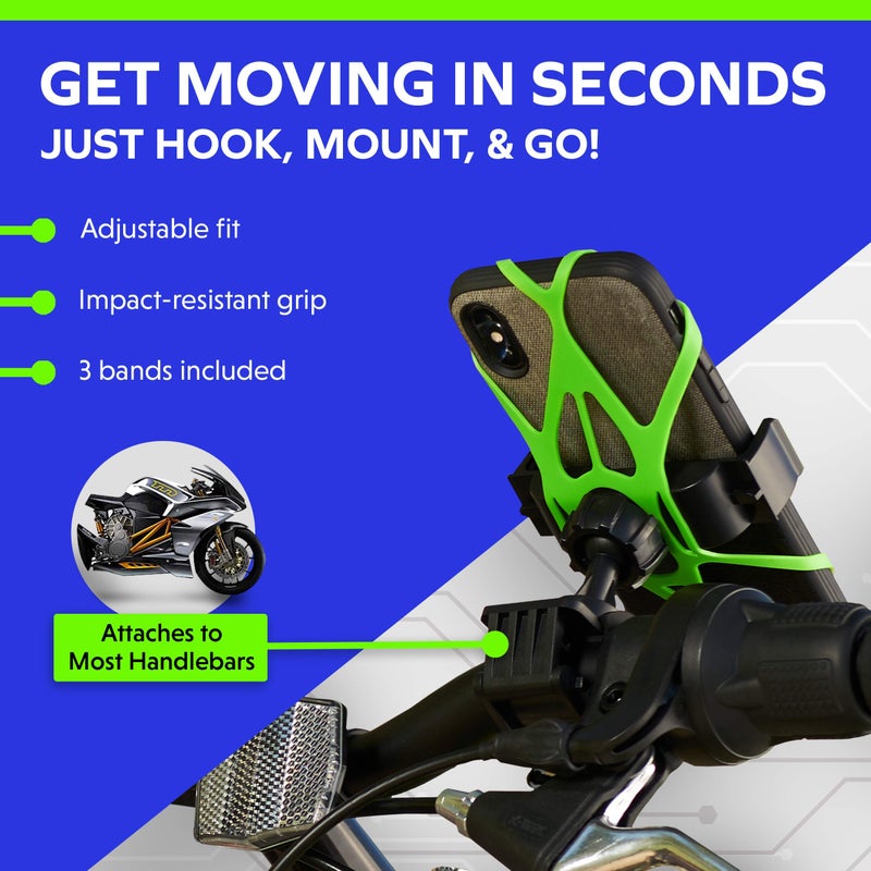 Mongoora Bike & Motorcycle Phone Mount - GPS Cell Phone Holder for Bicycle Handlebar - Easy to Install Bike Accessories Fits iPhone, Galaxy, Android - Stocking Stuffers - 3 Bands (Black, Red, Green) - Image 2
