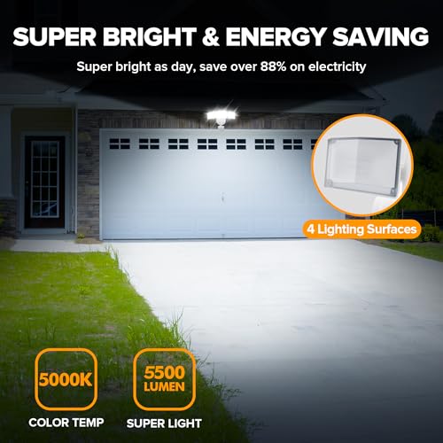 UME 49W 5500LM LED Security Lights Motion Sensor Light Outdoor, 5000K Daylight, IP65 Waterproof, Dusk to Dawn, 3 Head Motion Detected Flood Light for Garage, Yard, Porch(White) - Image 2