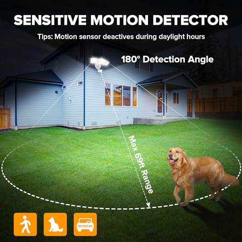 UME 49W 5500LM LED Security Lights Motion Sensor Light Outdoor, 5000K Daylight, IP65 Waterproof, Dusk to Dawn, 3 Head Motion Detected Flood Light for Garage, Yard, Porch(White) - Image 3