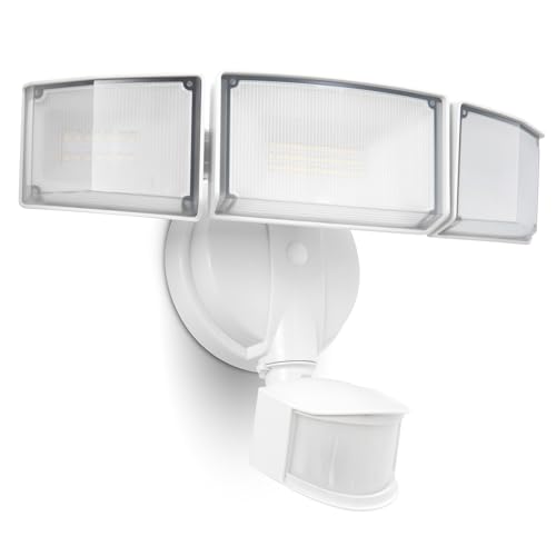 UME 49W 5500LM LED Security Lights Motion Sensor Light Outdoor, 5000K Daylight, IP65 Waterproof, Dusk to Dawn, 3 Head Motion Detected Flood Light for Garage, Yard, Porch(White) - Image 1