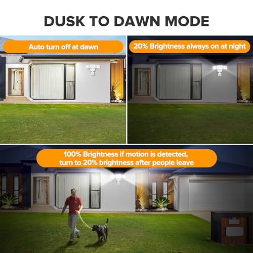 UME 49W 5500LM LED Security Lights Motion Sensor Light Outdoor, 5000K Daylight, IP65 Waterproof, Dusk to Dawn, 3 Head Motion Detected Flood Light for Garage, Yard, Porch(White) - Image 5