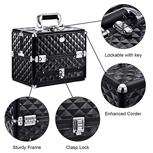 Joligrace Makeup Train Cases Professional Travel Makeup Cosmetic Cases Organizer Portable Box with Drawer Black - Image 4
