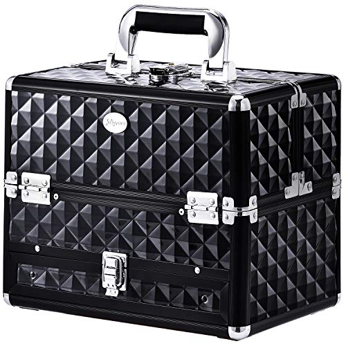 Joligrace Makeup Train Cases Professional Travel Makeup Cosmetic Cases Organizer Portable Box with Drawer Black - Image 1