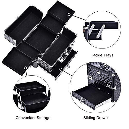 Joligrace Makeup Train Cases Professional Travel Makeup Cosmetic Cases Organizer Portable Box with Drawer Black - Image 3