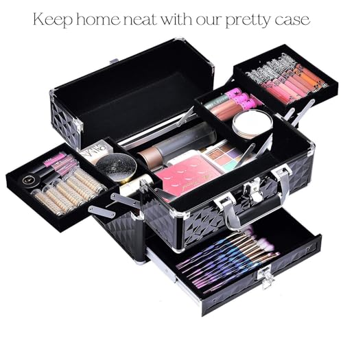 Joligrace Makeup Train Cases Professional Travel Makeup Cosmetic Cases Organizer Portable Box with Drawer Black - Image 2