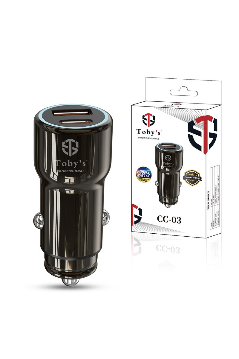 توبيز شاحن سيارة سريع توبي CC-03 بقدرة 200 واط | منفذي PD وUSB | جهد ذكي | ضوء LED أزرق | متوافق مع جميع المركبات 12V–24V - Image 1