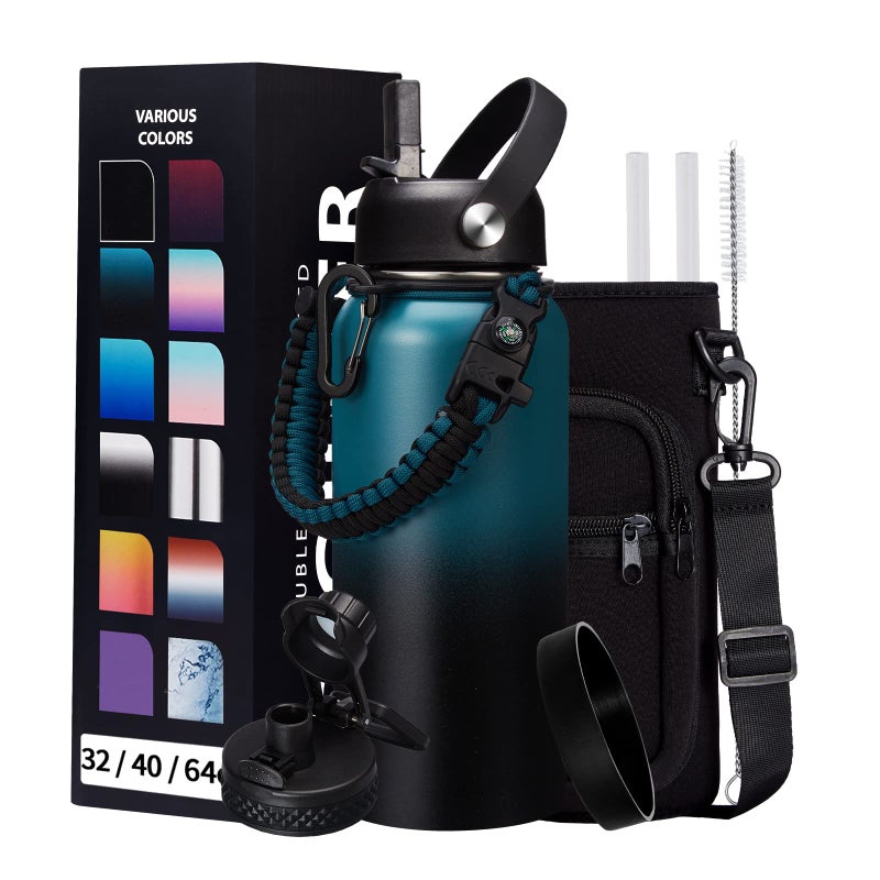 Vacuum Insulated Water Bottle 32oz - with Straw & Spout Lids  Paracord Handle  Shoulder Carrier Bag  Large Sport Stainless Steel Water Bottle  Double-wall Metal Water Bottle Thermal Hydro Mug Flask