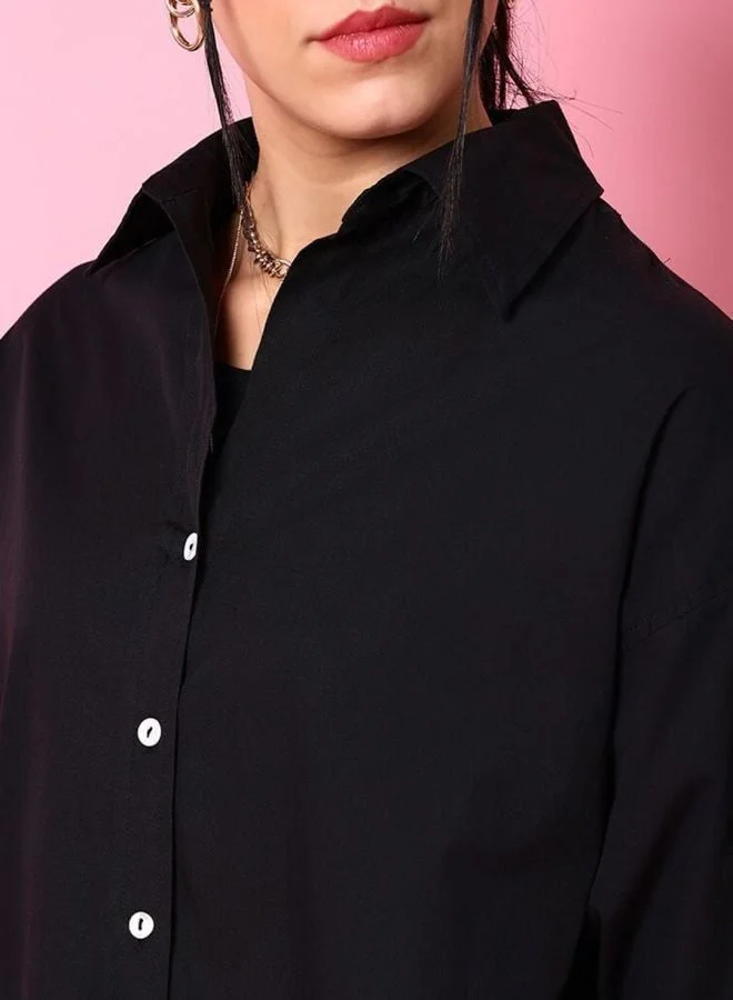 مرفوعة Women Oversized Fit Solid Round Neck Long Sleeve Oversized Shirt
