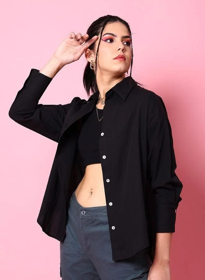 مرفوعة Women Oversized Fit Solid Round Neck Long Sleeve Oversized Shirt