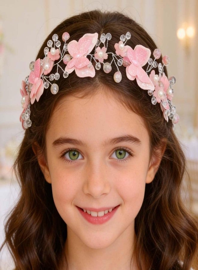 كامبسيس إكسسوار شعر للبنات من كامبسيس على شكل فراشة، طوق رأس زهري وردي، إكسسوار شعر مرصع بالكريستال - Image 1