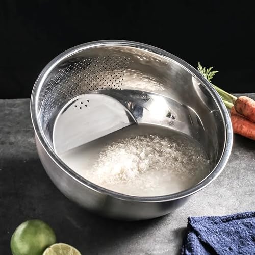 KRESHU Stainless Steel 304 Food Grade 3-in-1 Bowls Vegetables Rice Washer with Side Drain Bowls Colander Strainer Basket Ideal for Kitchen Tools Vegetables, Rice, Fruits (26cm, Silver) - Image 5