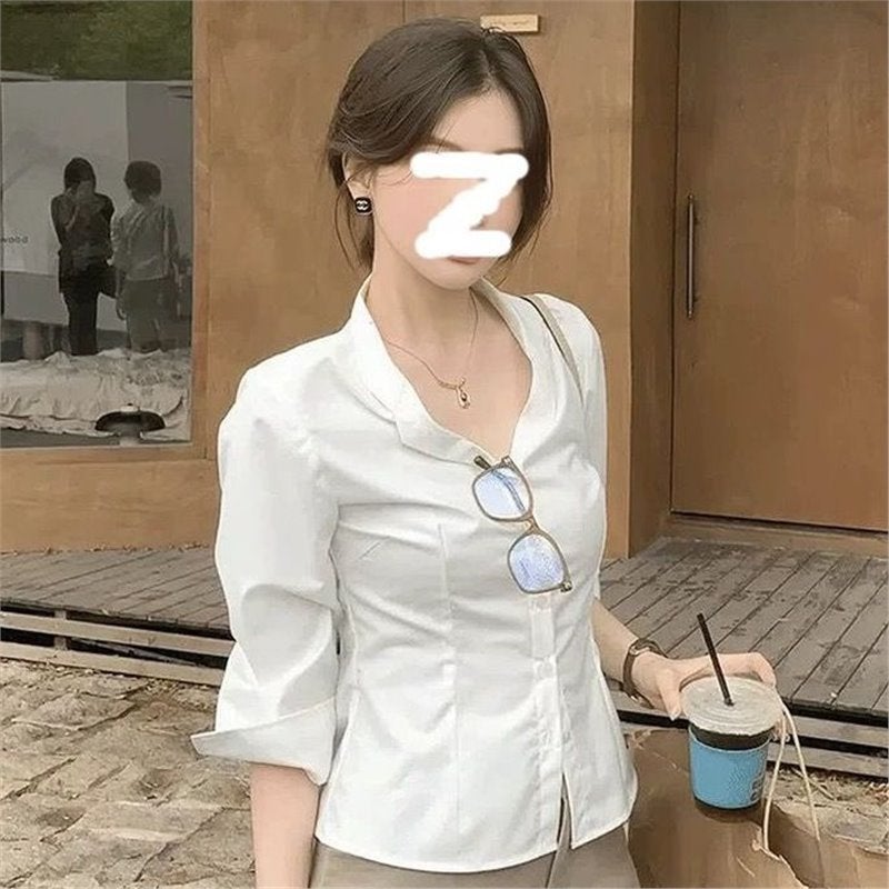 French shirt fashionable age-reducing temperament waist long sleeve shirt white 2024 early autumn new design summer top Waisted long-sleeved white shirt