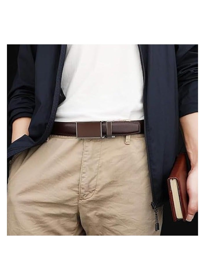 PROMASS Mens Belt,Men's PU Leather Slide Ratchet Belt with Easier Automatic Buckle Soft Durable Mens Work Business Dress Belt,Fashion Comfortable Men's Formal Casual Jeans PU Leather Belts-Brown  - Image 3