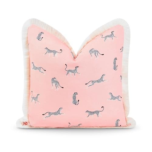 Hofdeco Premium Tropical Patio Indoor Outdoor Pillow Cover Only 20x20 Water Resistant for Backyard Couch Pink Leopard Fringe - Image 1