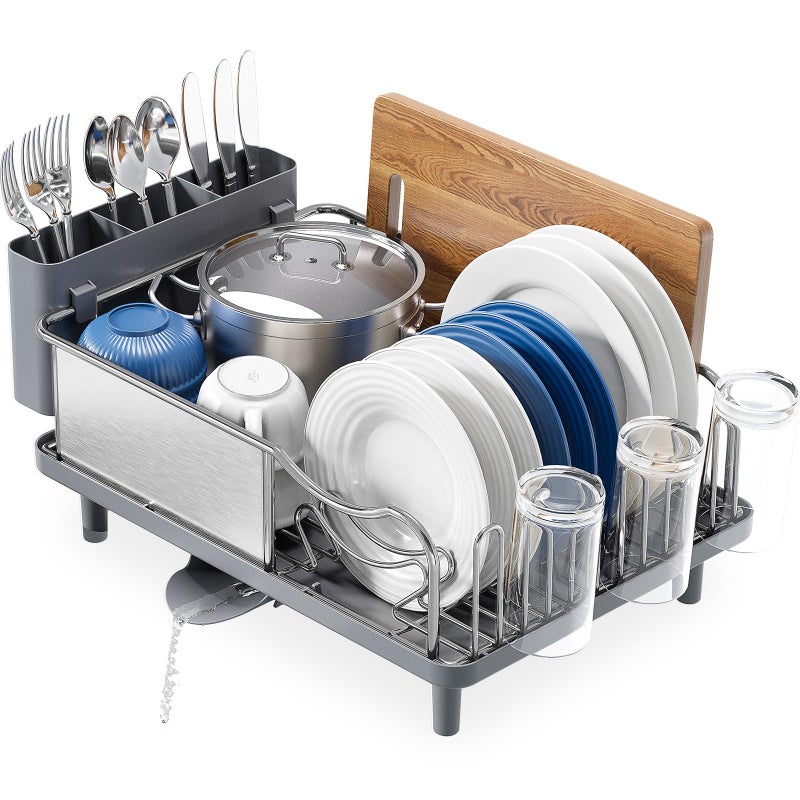 KINGRACK Dish Drainer Rack Stainless Steel Dish Rack Draining Board Rack with AntiRust Frame Optional 2 Direction Spout Sink Drain Board Design Removable Large Utensil Holder for Kitchen Grey