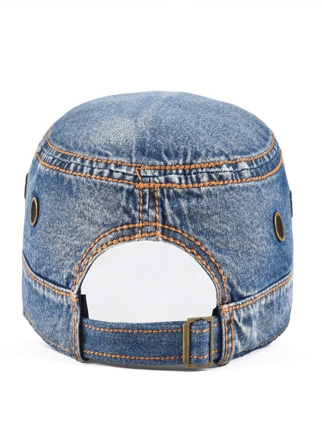 VOBOOM Washed Cotton Military Cadet Army Caps Unique Design Vintage Flat Top Hat (Denim Blue) - Image 4