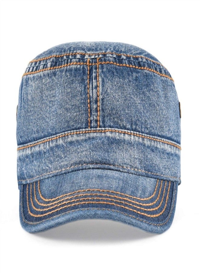 VOBOOM Washed Cotton Military Cadet Army Caps Unique Design Vintage Flat Top Hat (Denim Blue) - Image 3