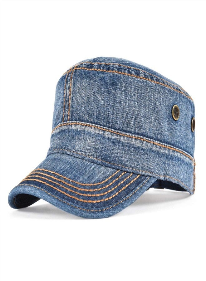 VOBOOM Washed Cotton Military Cadet Army Caps Unique Design Vintage Flat Top Hat (Denim Blue) - Image 1