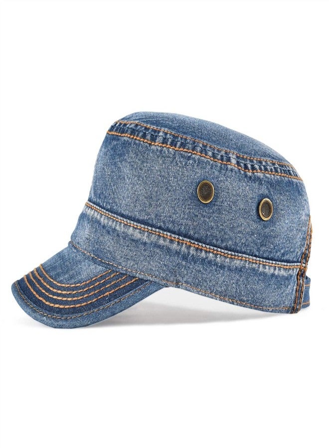 VOBOOM Washed Cotton Military Cadet Army Caps Unique Design Vintage Flat Top Hat (Denim Blue) - Image 2