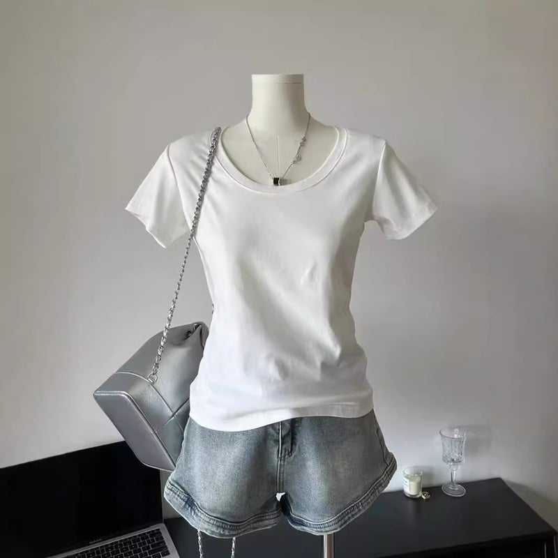 Pure U-Neck Simple Classic Top Summer Slim-Fit Slimming Korean Style All-Match Shoulder Short-Sleeve Collarbone Leaky Pink T-Shirt - Image 4