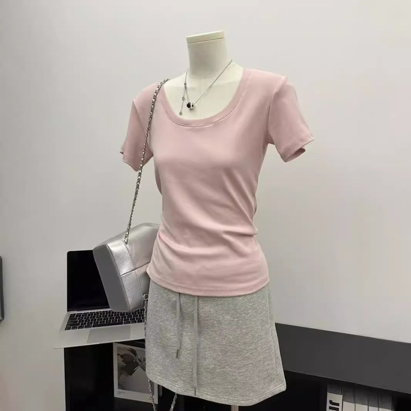Pure U-Neck Simple Classic Top Summer Slim-Fit Slimming Korean Style All-Match Shoulder Short-Sleeve Collarbone Leaky Pink T-Shirt - Image 5