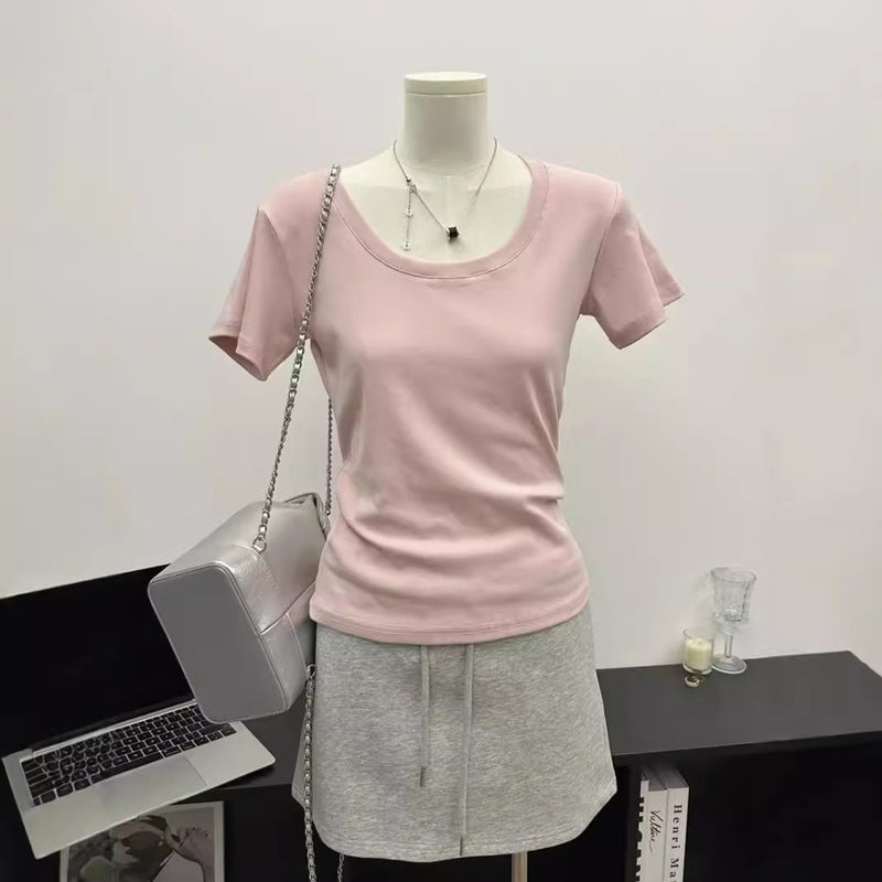 Pure U-Neck Simple Classic Top Summer Slim-Fit Slimming Korean Style All-Match Shoulder Short-Sleeve Collarbone Leaky Pink T-Shirt - Image 2