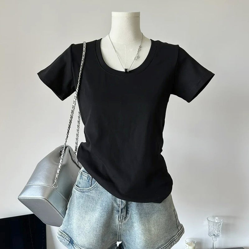 Pure U-Neck Simple Classic Top Summer Slim-Fit Slimming Korean Style All-Match Shoulder Short-Sleeve Collarbone Leaky Pink T-Shirt - Image 1